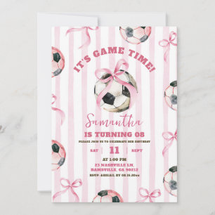 Pink Bow Stripes Girl Soccer Game Time Birthday Invitation