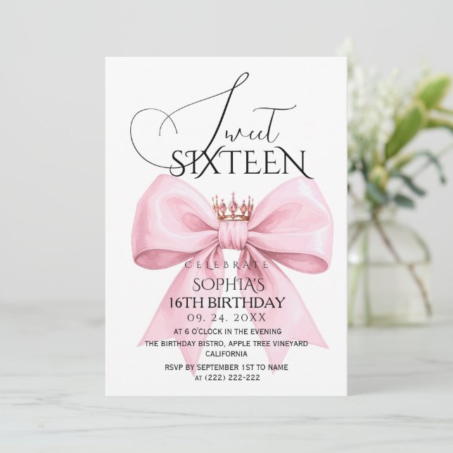 Pink Bow Sweet 16 Birthday Party Invitation (Standing Front)