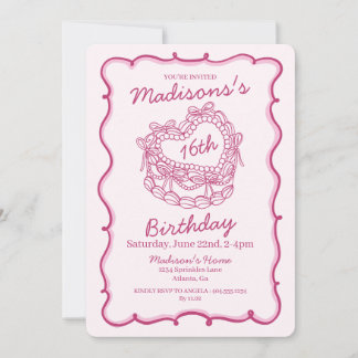 Pink Bow Sweet 16 Heart Coquette Cake Birthday Invitation