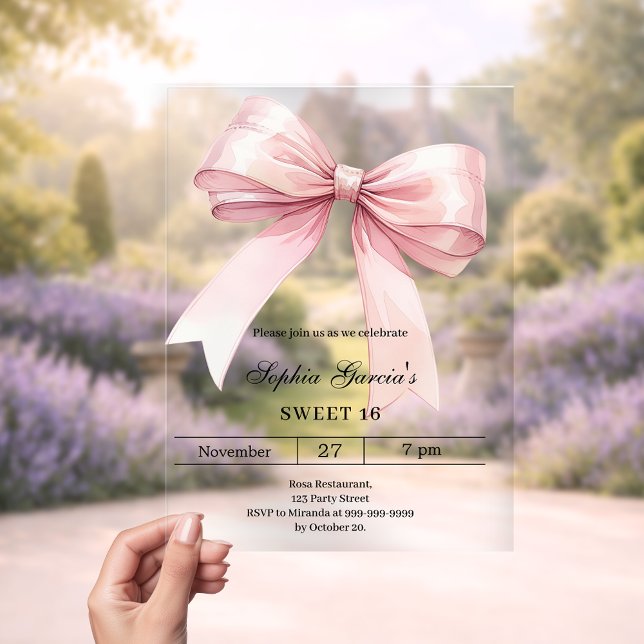 Pink bow Sweet 16 luxury clear Acrylic Invitations (Creator Uploaded)