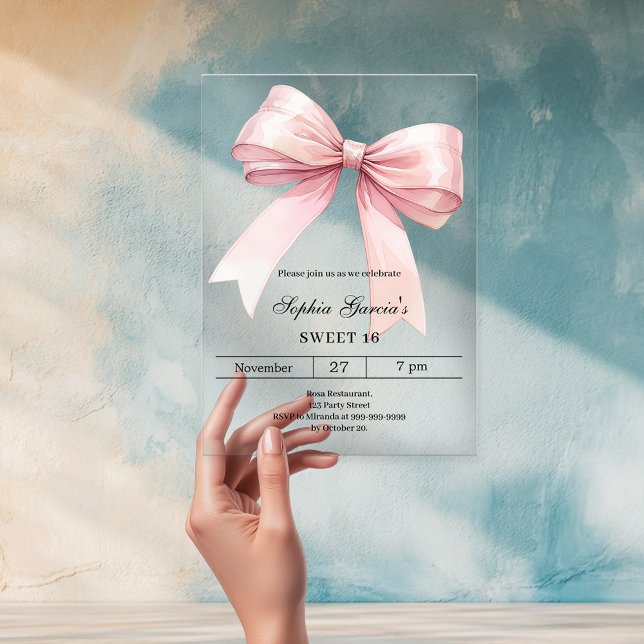 Pink bow Sweet 16 luxury clear Acrylic Invitations (Creator Uploaded)
