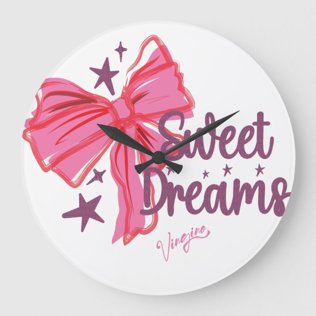 Pink Bow "Sweet Dreams" Glitter Typography Large Clock (Front)
