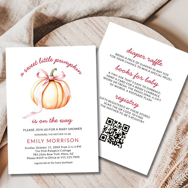 Pink Bow Sweet Little Pumpkin Girl Baby Shower Invitation (Creator Uploaded)