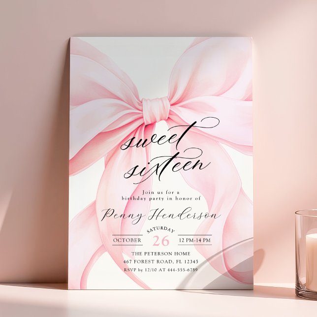 Pink Bow Sweet Sixteen Birthday Invitation (Creator Uploaded)