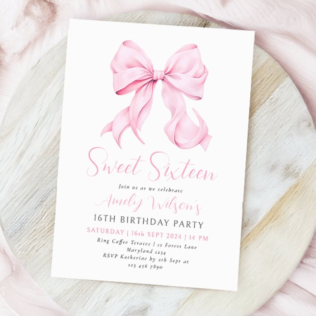 Pink Bow Sweet Sixteen Birthday Invitation (Creator Uploaded)
