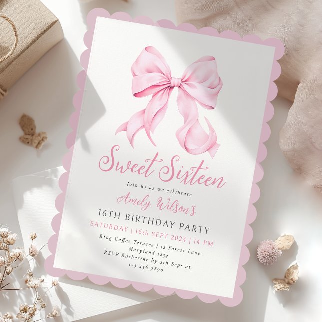 Pink Bow Sweet Sixteen Birthday Invitation (Creator Uploaded)