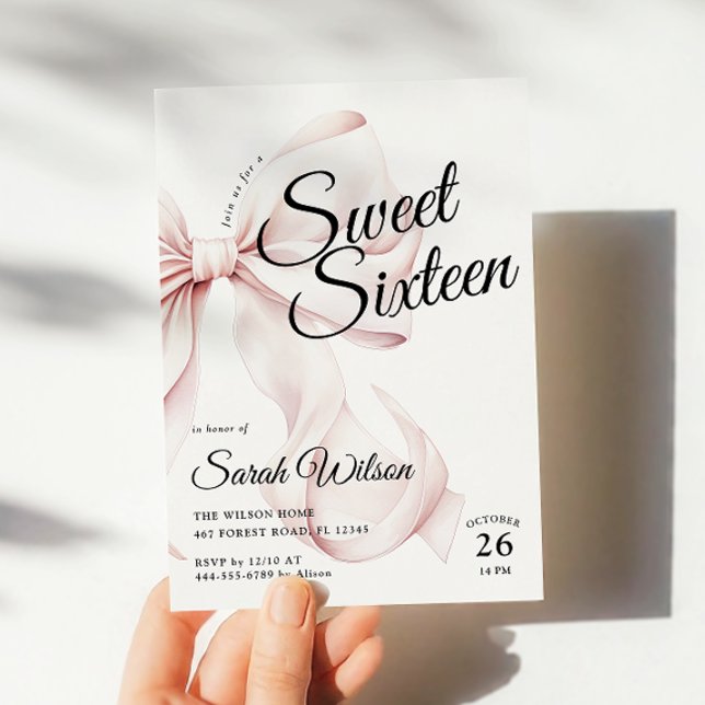 Pink Bow Sweet Sixteen Birthday Invitation (Creator Uploaded)