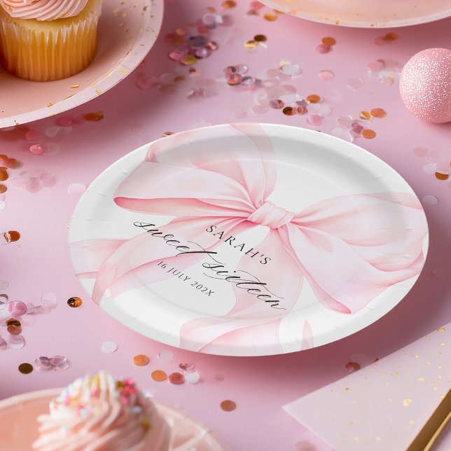 Pink Bow Sweet Sixteen Birthday Paper Plate (Creator Uploaded)
