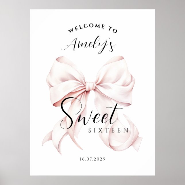 Pink Bow Sweet Sixteen Birthday Welcome Poster (Front)