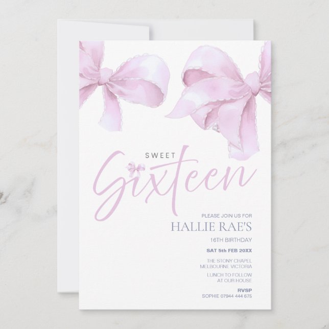 Pink Bow Sweet Sixteen Invite, 16th Birthday Invitation (Front)