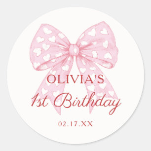 Pink Bow Sweetheart Girl 1st Birthday Classic Round Sticker