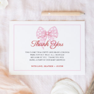 Pink Bow Sweetheart Is On The Way Baby Shower Thank You Card