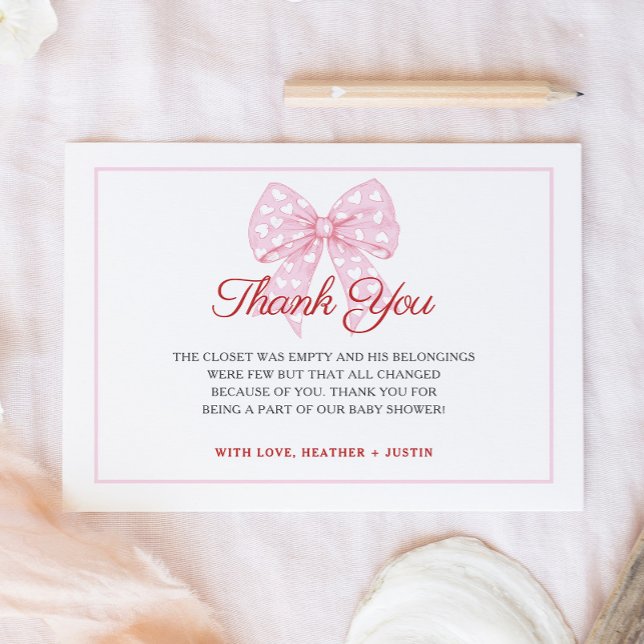 Pink Bow Sweetheart Is On The Way Baby Shower Thank You Card (Creator Uploaded)