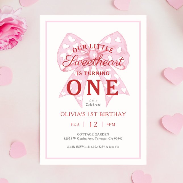 Pink Bow Sweetheart Is One Girl 1st Birthday Invitation (Creator Uploaded)