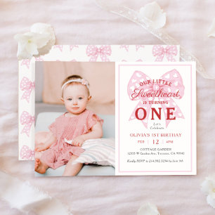 Pink Bow Sweetheart Is One Girl 1st Birthday Photo Invitation