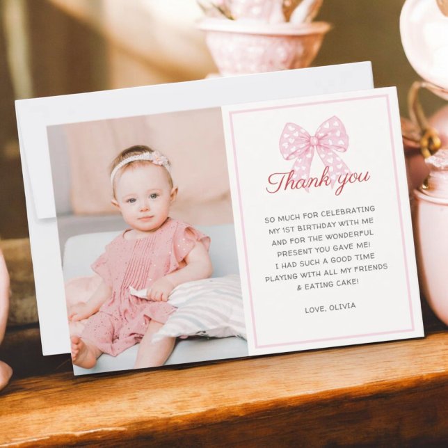 Pink Bow Sweetheart Is One Girl 1st Birthday Photo Thank You Card (Creator Uploaded)
