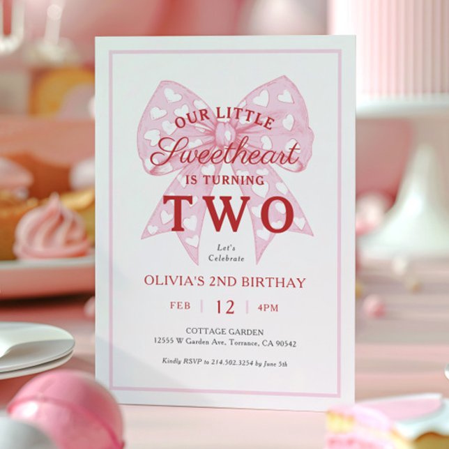 Pink Bow Sweetheart Is One Girl 2nd Birthday Invitation (Creator Uploaded)