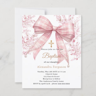 Pink bow tartan florals girl Baptism invitation