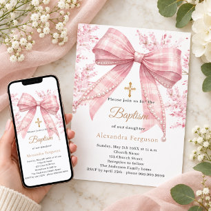 Pink bow tartan florals girl Baptism Invitation
