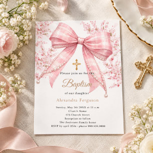 Pink bow tartan florals girl Baptism invitation