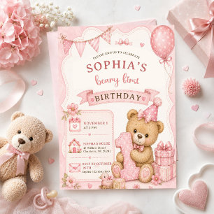 Pink Bow Teddy Bear Tartan Birthday Invitation
