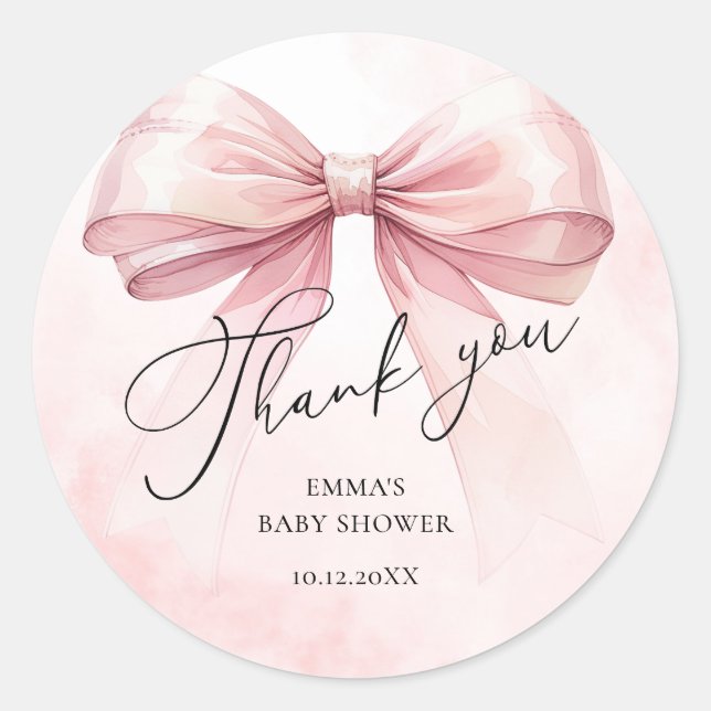Pink Bow Thank You Baby Girl Shower Classic Round Sticker (Front)