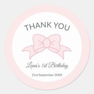 Pink Bow Thank You Girl Kids 1st Birthday  Classic Round Sticker