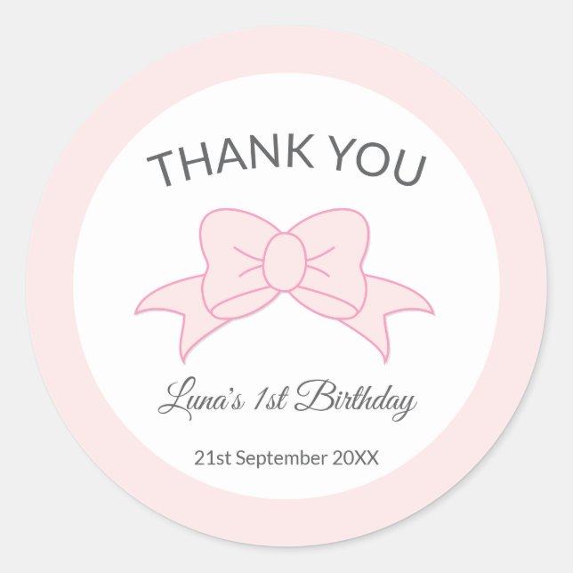 Pink Bow Thank You Girl Kids 1st Birthday  Classic Round Sticker (Front)