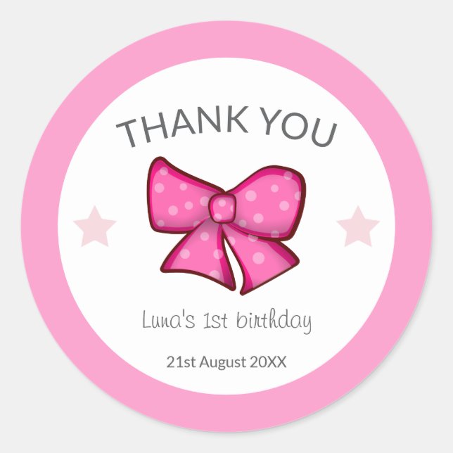 Pink Bow Thank You Girl Kids 1st Birthday  Classic Round Sticker (Front)