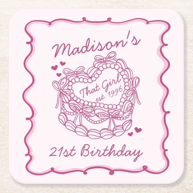 Pink Bow That Girl Heart Coquette Cake Birthday Square Paper Coaster (Front)