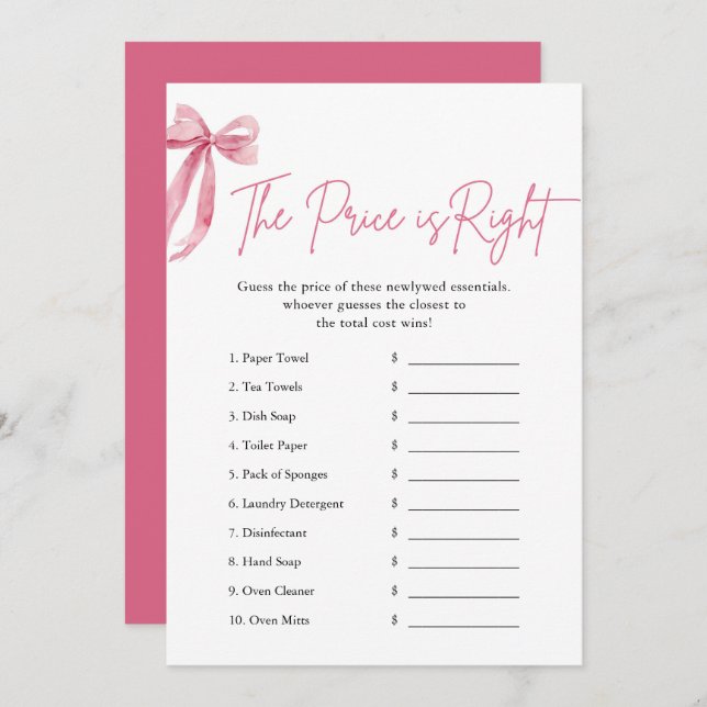 Pink Bow The Price is Right Bridal Shower Game Invitation (Front/Back)