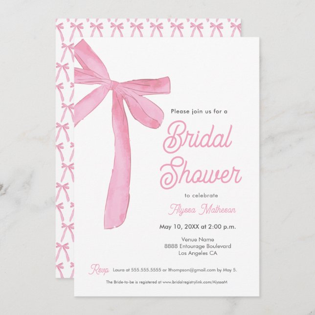Pink Bow theme bridal shower customisable Invitation (Front/Back)