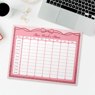 Pink Bow This Week's Plan Hourly Schedule Notepad