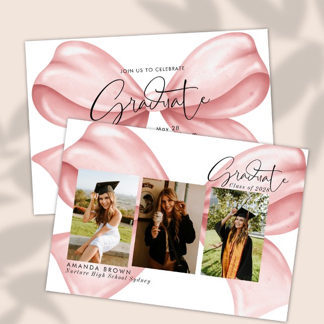 Pink Bow Three Photo Graduation 2025 Invitation (Creator Uploaded)