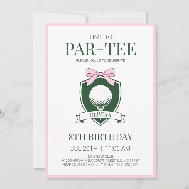 Pink Bow Time to Par-Tee Golf 8th Birthday Party Invitation (Front)