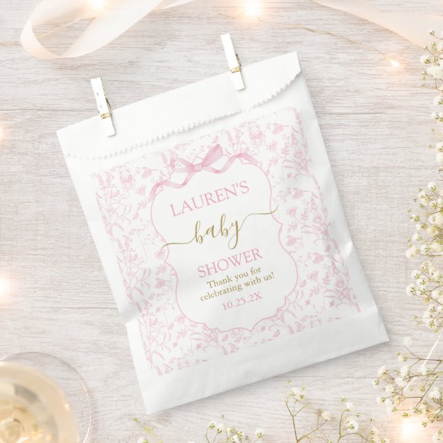 Pink Bow Toile Bear Baby Shower Girl Favour Bag (Clipped)