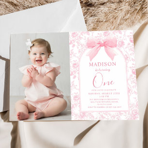 Pink Bow Toile Chinoiserie 1st Birthday Photo Invitation