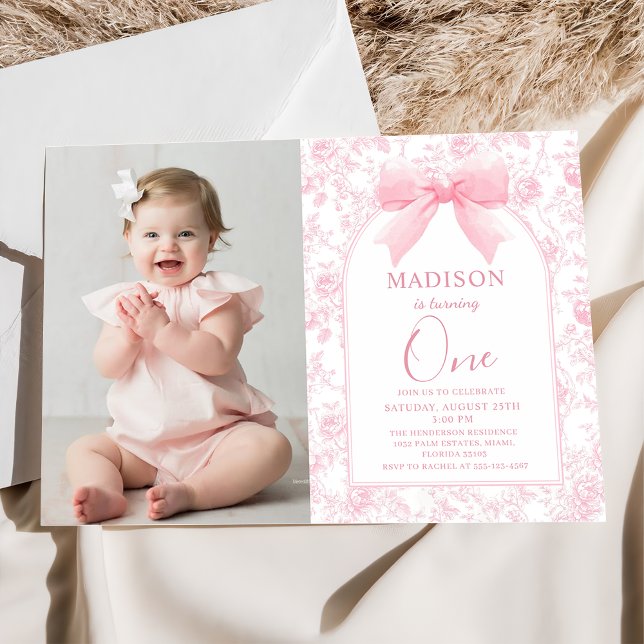 Pink Bow Toile Chinoiserie 1st Birthday Photo Invitation (Creator Uploaded)