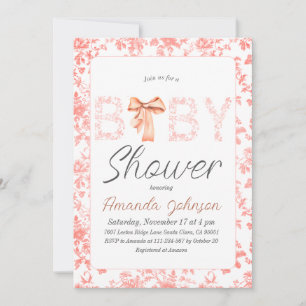 Pink  Bow Toile de Jouy Floral Baby Shower Invitation