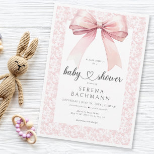 Pink Bow Toile Girl Baby Shower Invitation