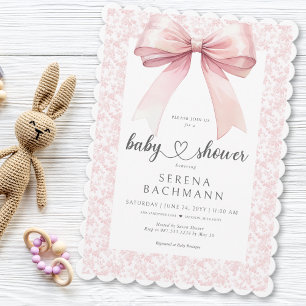 Pink Bow Toile Girl Baby Shower Invitation