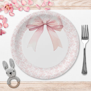 Pink Bow Toile Girl Baby Shower Paper Plate