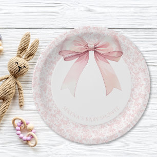 Pink Bow Toile Girl Baby Shower Paper Plates