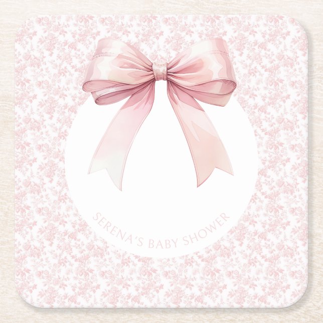 Pink Bow Toile Girl Baby Shower Square Paper Coaster (Front)