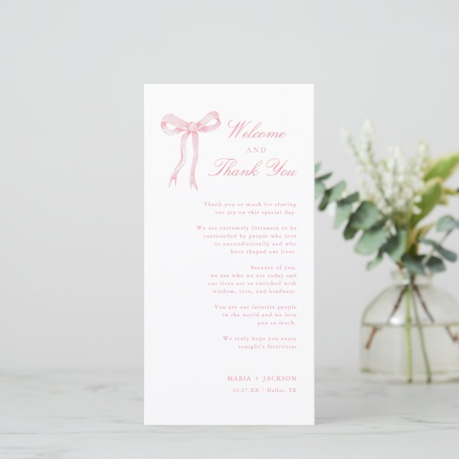 Pink Bow Toile Welcome And Thank You Place Card (Standing Front)