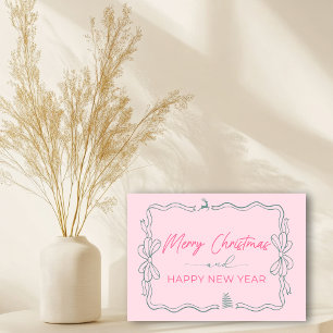 Pink: Bow & Trees Doodles Holiday Folded Card