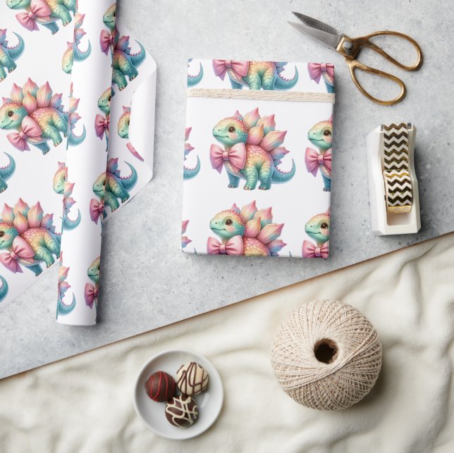 Pink Bow Triceratops Dinosaur Wrapping Paper (Crafts)