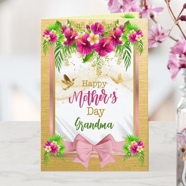  Pink Bow Tropical Floral Mothers Day Customisable Holiday Card (Creator Uploaded)