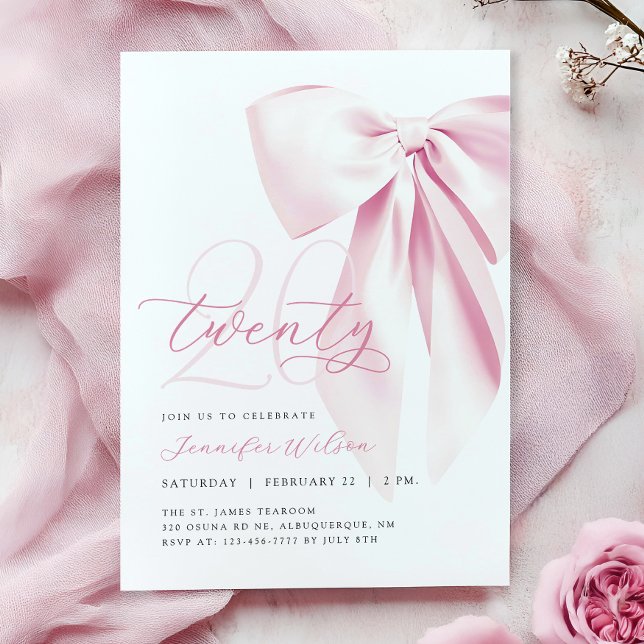 Pink Bow Twenty Birthday Invitation (Creator Uploaded)