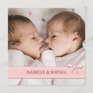 Pink Bow Twin Girls Baby Photo Birth Announcement